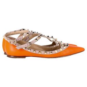 Valentino Garavani Rockstud Ankle Strap Ballet Flats in Orange Leather